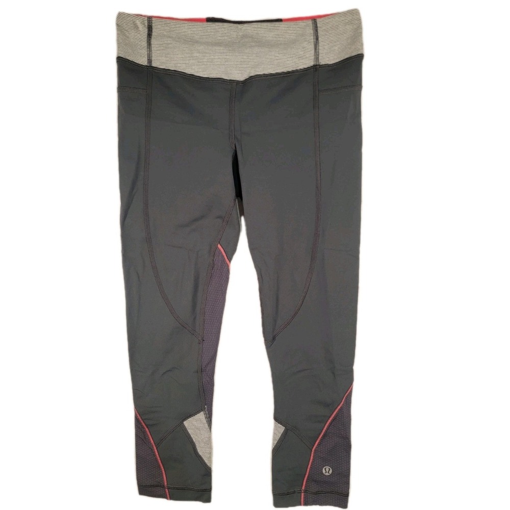 Lululemon Run Inspire Crop II Leggings Size 4 Grey Purple Mesh Stripe Yoga Gym